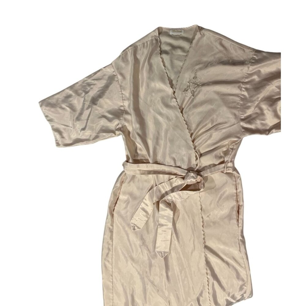 Vintage Barbizon Pink Satin Wrap Robe With Embroidered Floral Detail & Scalloped